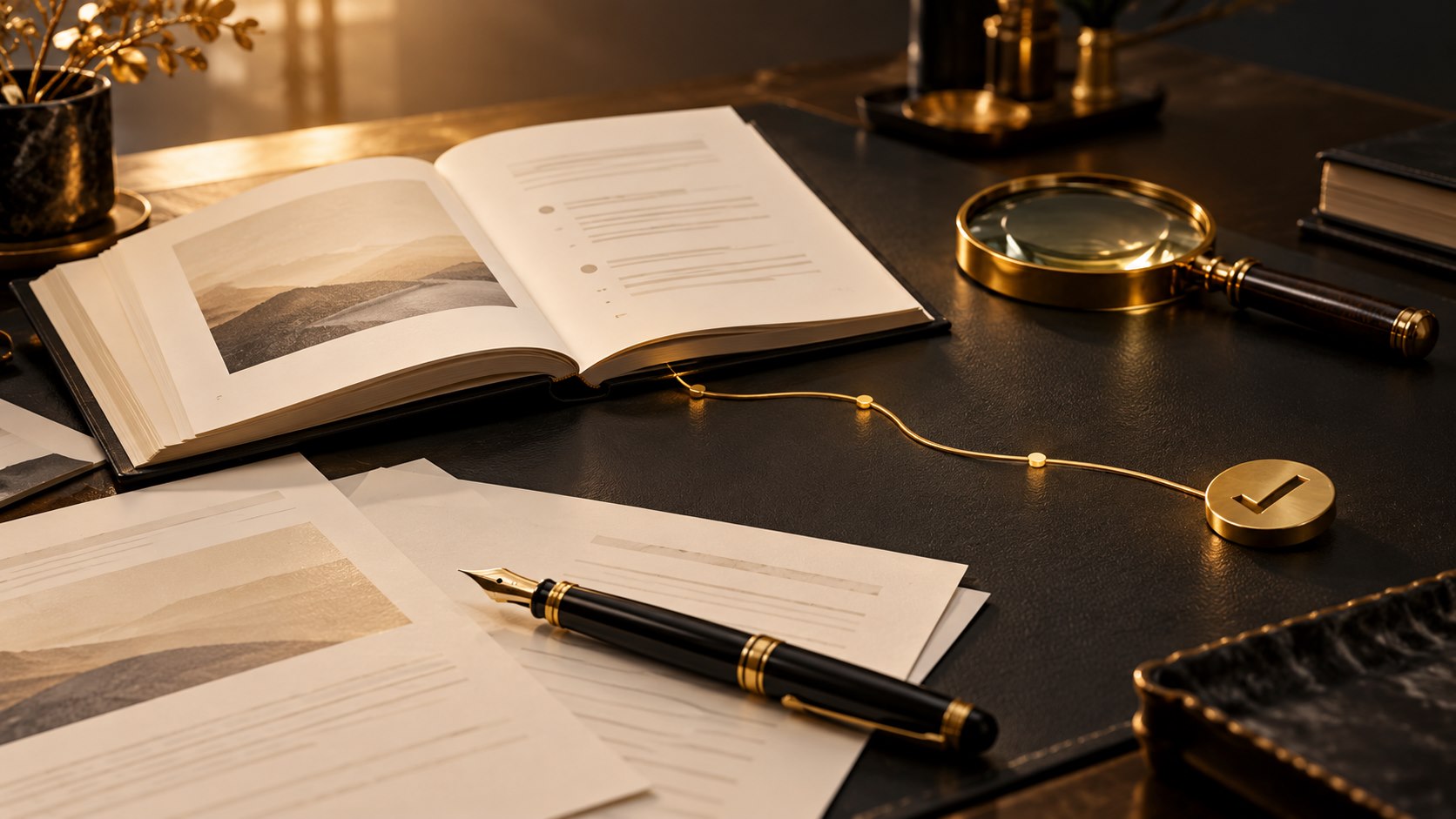 Editorial illustration of an open reference book, paper content plan and gold magnifying glass