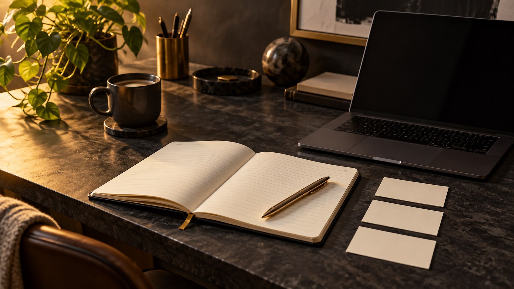Editorial illustration of an open notebook, blank planning cards and dark laptop on a gold-lit desk